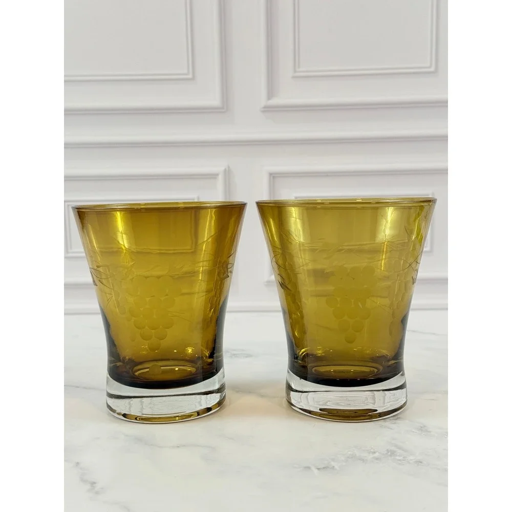 Vintage PAIR (2) Etched Grape Pattern Amber 4.5in Flared Juice Glasses